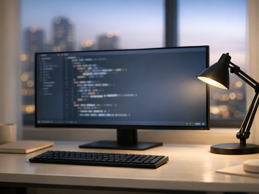 A modern developer workspace at dusk