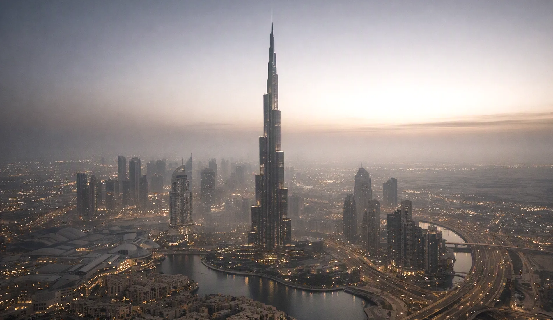 Dubai skyline at dusk with the Burj Khalifa